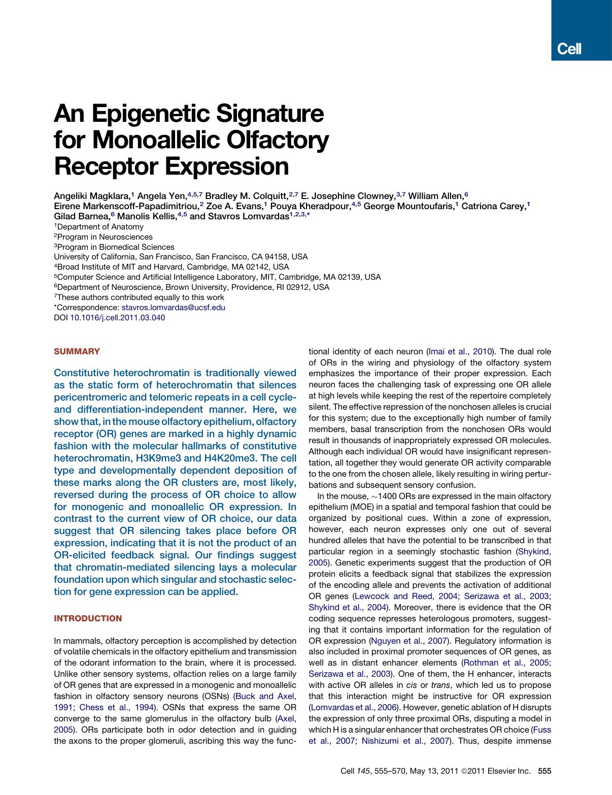 An epigenetic signature for monoallelic olfactory receptor expression cover