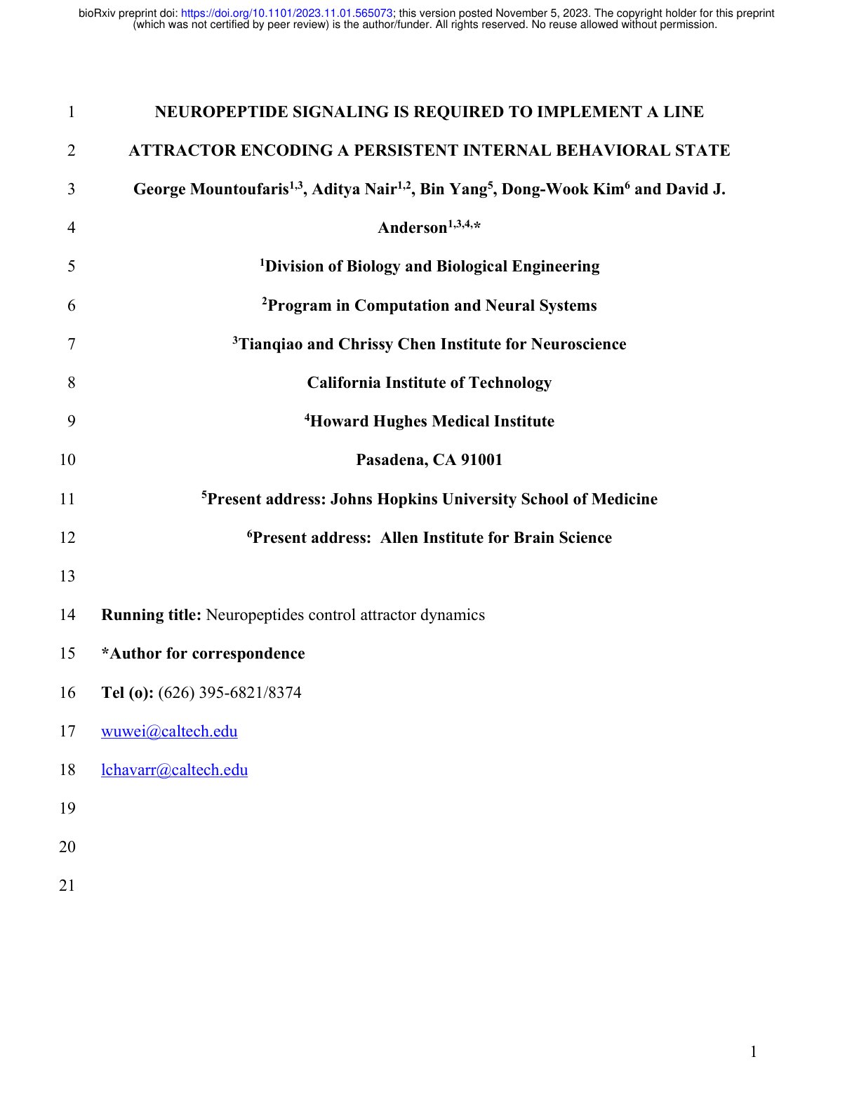 Neuropeptide Signaling is Required to Implement a Line Attractor Encoding a Persistent Internal Behavioral State cover