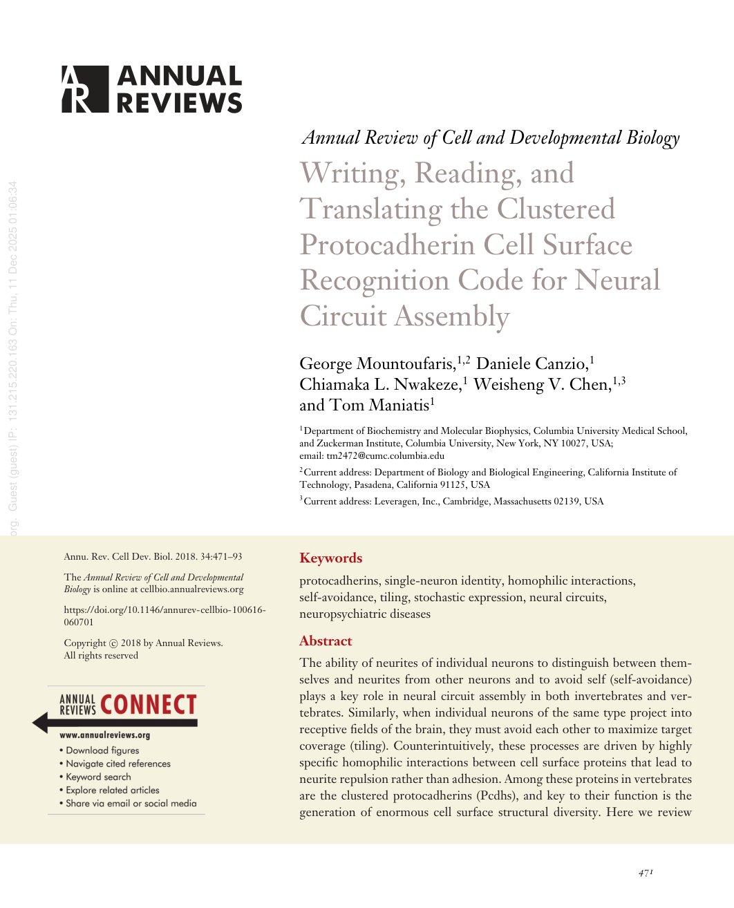 Writing, Reading, and Translating the Clustered Protocadherin Cell Surface Recognition Code for Neural Circuit Assembly cover